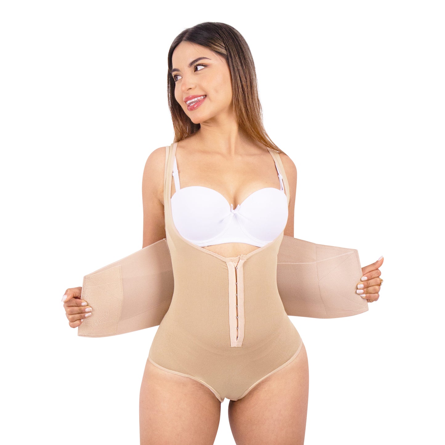 Body reloj de arena beige con doble velcro y broches – faja moldeadora de alta compresión