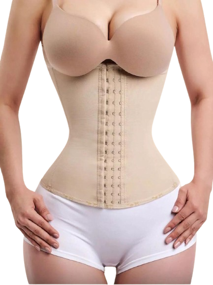 Vista frontal de cinturilla moldeadora beige con broches y compresión firme