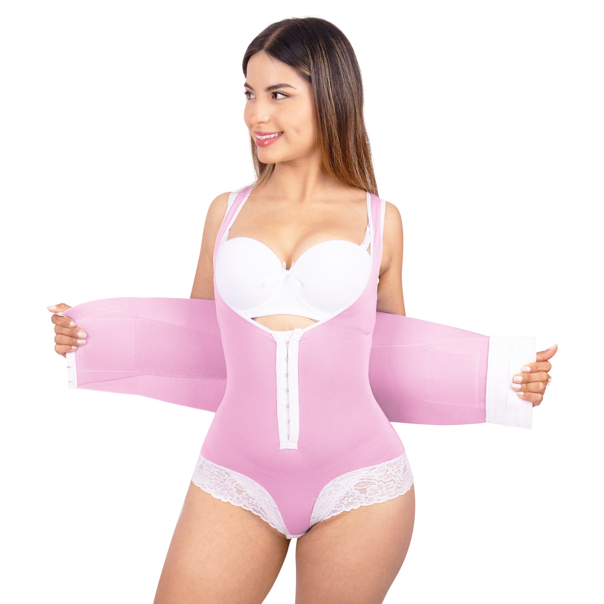 Faja body abierta en color rosa mostrando sistema de broches de compresión.
