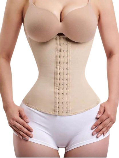 Vista frontal de cinturilla moldeadora beige con broches y compresión firme