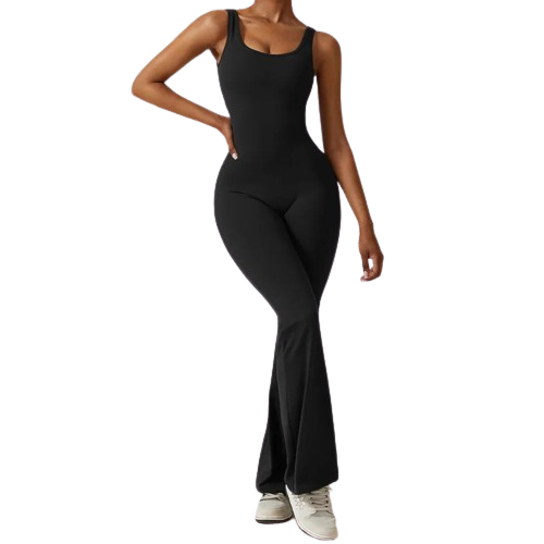 Mono negro moldeador para mujer con escote frontal y diseño estilizador